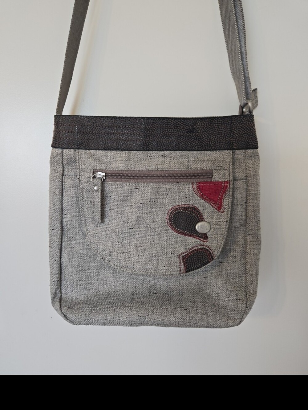 Haiku Canvas Crossbody Shoulder Bag – Gray with Brown Trim